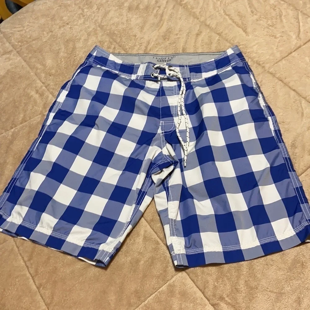 Lands End canvas blue white checkered board shorts